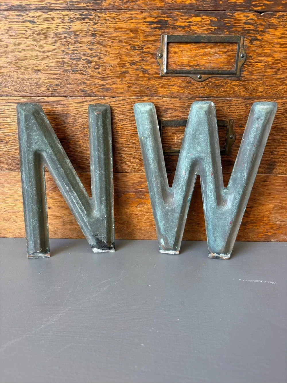 Distressed Metal Letter 'N' and 'W' Wall Decor - Black patina